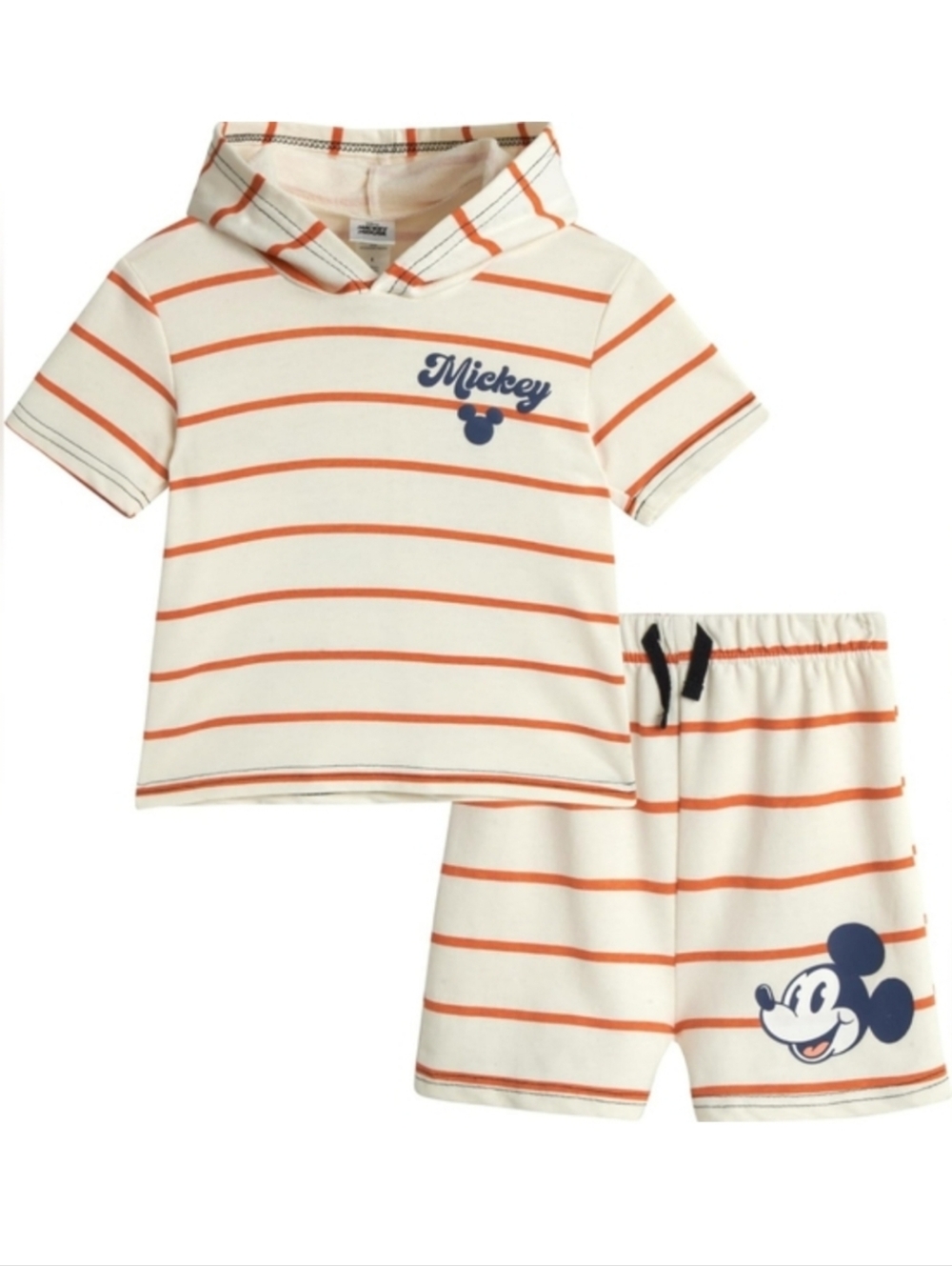 NWT Disney Baby Cream Striped Two Piece Shirt Hoodie And Shorts Size 12 Months